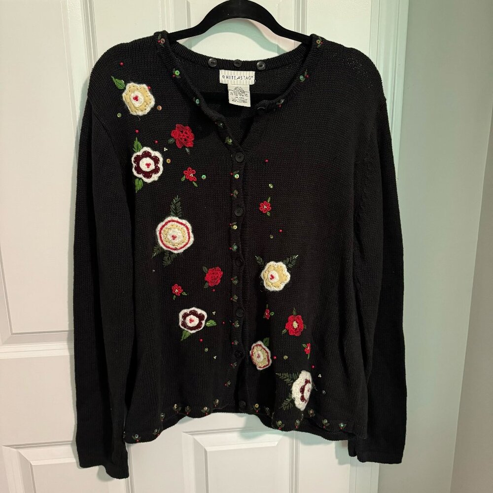 Vintage Button Up Christmas Floral Holiday Cardigan -‎ Size Extra Large